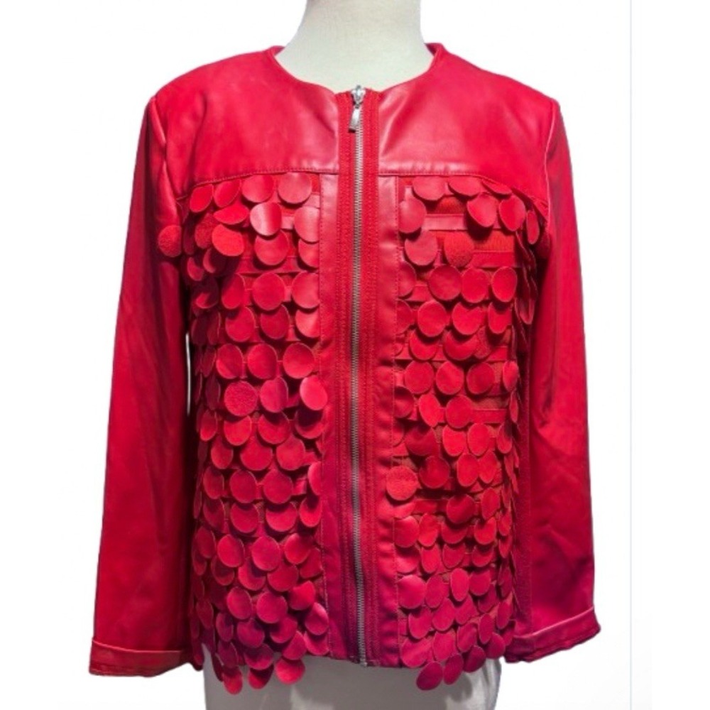 Linea Domani Jacket Size 10 Full Zip Red Faux Leather Confetti Softshell